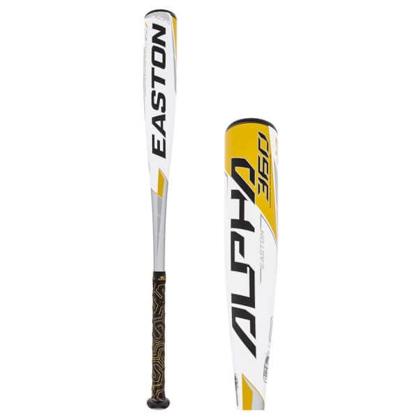 Side view of a white baseball bat with black and yellow EASTON ALPHA 360 branding and a patterned grip.
