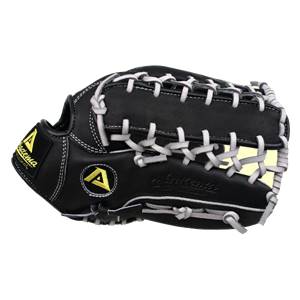Side view of a black baseball glove with white lacing and yellow Akadema branding.