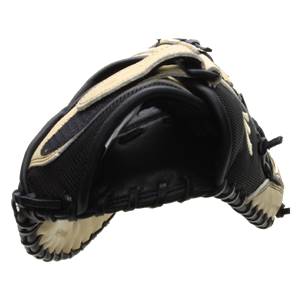 Side view of a black and tan first base mitt with a mesh back and leather lacing.