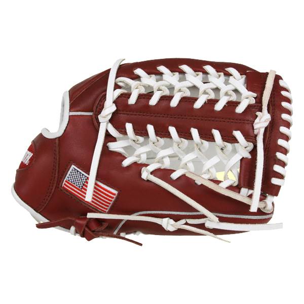 Side view of a maroon baseball glove with white lacing and an American flag patch.