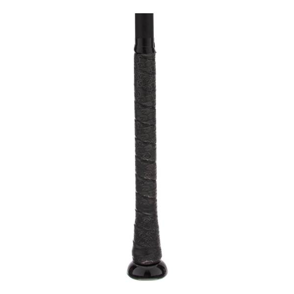Close-up of a black baseball bat grip with a textured pattern and a black knob.