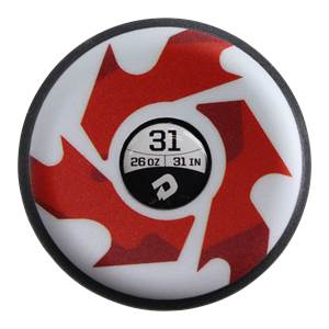 Top-down view of a white and red baseball bat with a black end cap showing 31 and 26 OZ 31 IN.