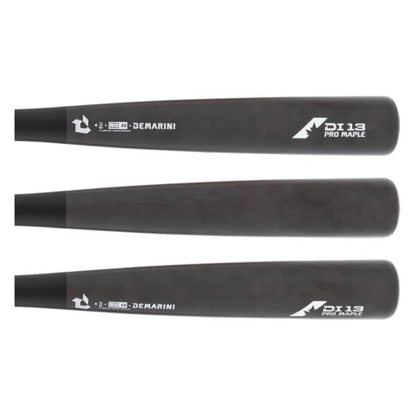 Side view of three dark gray baseball bats arranged horizontally with DeMarini branding and DI13 Pro Maple text.