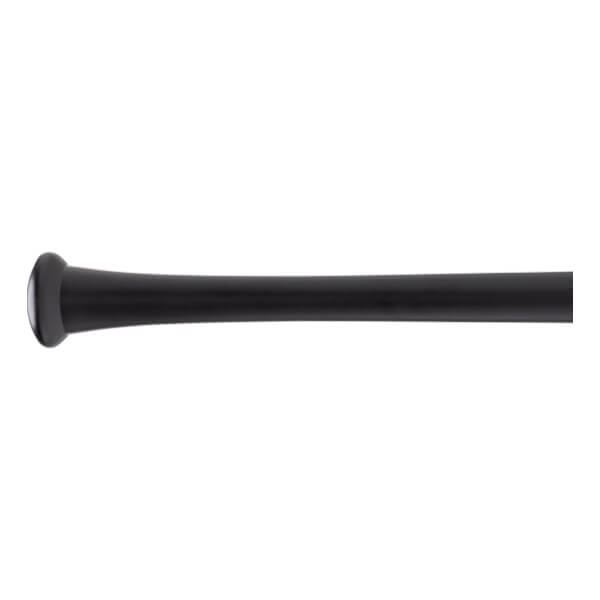 Side view of a black baseball bat with a flared knob and smooth barrel.