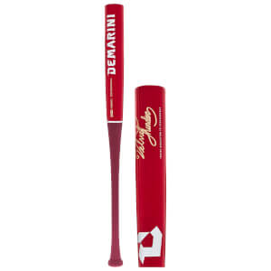 Side view of a red baseball bat with "DEMARINI" and "Velvet Thunder" text.