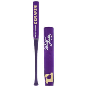 Front view of a purple baseball bat with "DEMARINI" in gold lettering and a gold "D" logo.