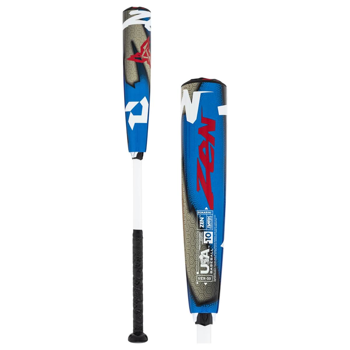 Side view of a blue, white, and grey baseball bat with DeMarini ZEN in red on the barrel, alongside a close-up of the barrel.
