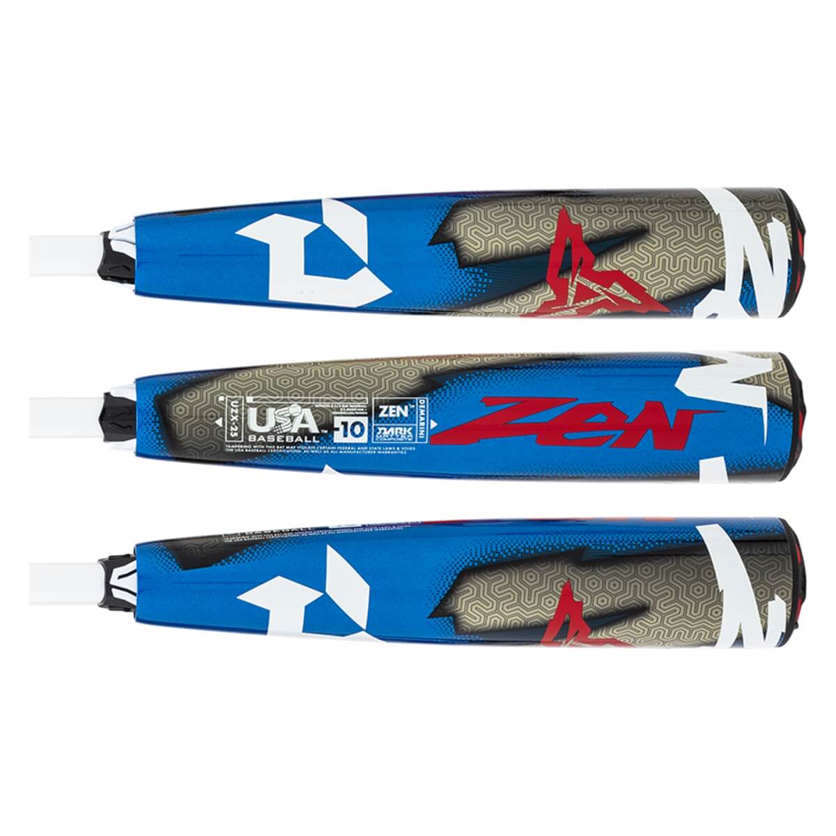 Side view of a blue and black baseball bat with red ZEN text, a tan geometric pattern, and USA BASEBALL -10 marking.