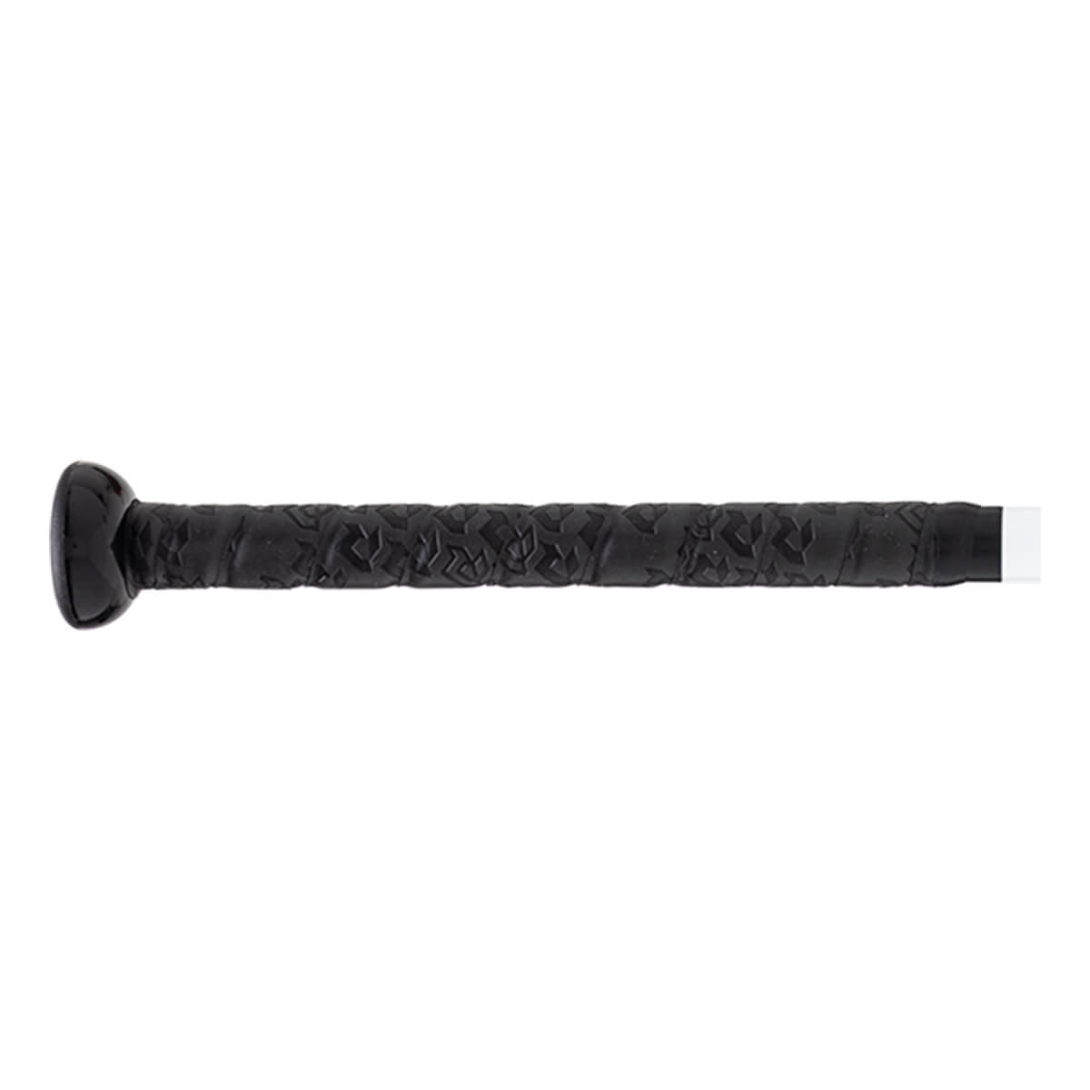 Side view of a black baseball bat handle with a textured grip, black knob, and white end band.