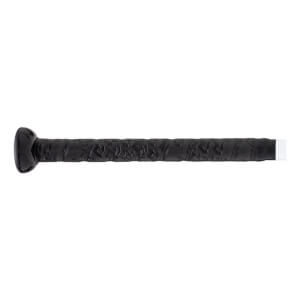 Side view of a black baseball bat handle with a textured grip, black knob, and white end band.