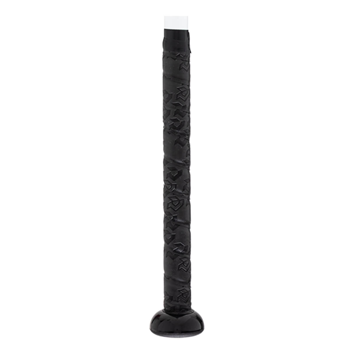 Handle view of a black baseball bat handle with an embossed pattern, white cap at the top, and a black knob.