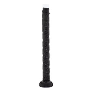 Handle view of a black baseball bat handle with an embossed pattern, white cap at the top, and a black knob.