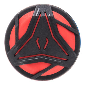 Top-down view of a black and red baseball bat end cap with a geometric pattern and a central stylized V-shape.