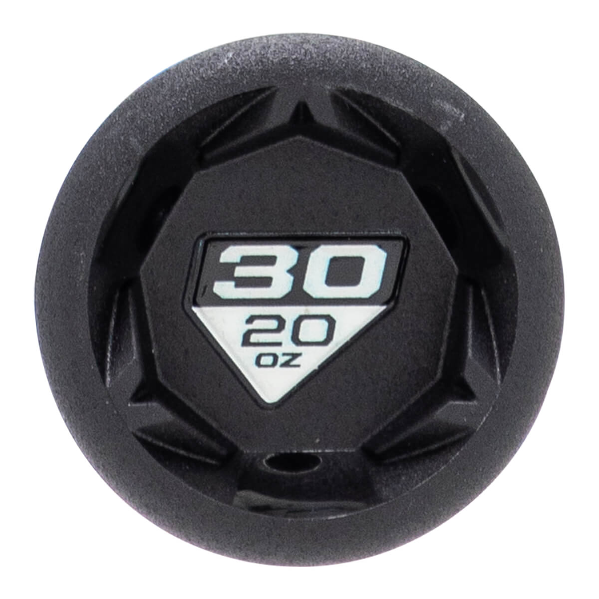 Top-down close-up of a black baseball bat end cap with a hexagonal pattern and 30 20 OZ in a white diamond.