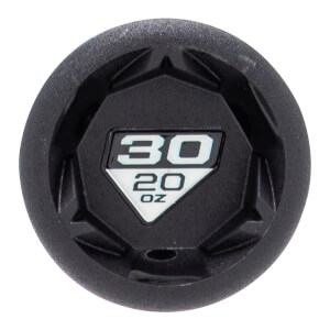 Top-down close-up of a black baseball bat end cap with a hexagonal pattern and 30 20 OZ in a white diamond.