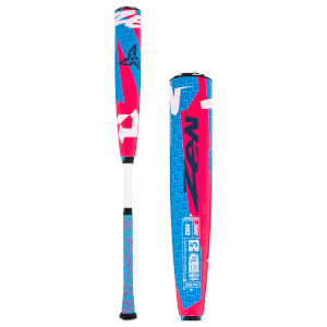 Side view of a hot pink and blue DeMarini Zen baseball bat, alongside a close-up of its barrel with ZEN and -5 text.