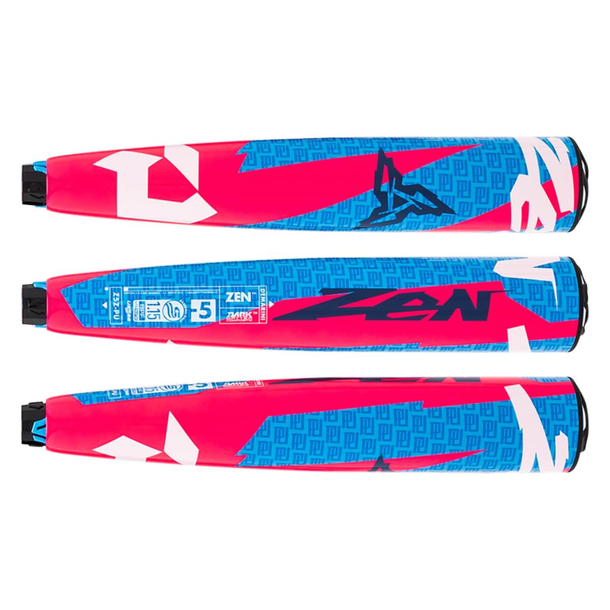 Full side view of a hot pink and blue baseball bat with ZEN branding, geometric patterns, and USSSA certification.