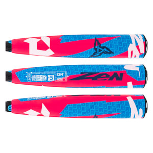 Full side view of a hot pink and blue baseball bat with ZEN branding, geometric patterns, and USSSA certification.