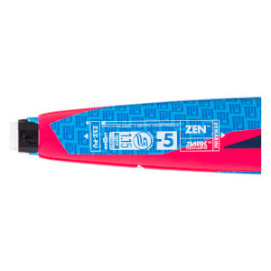Close-up of a pink and blue baseball bat with ZEN and DEMARINI branding, USSSA 1.15 BPF stamp, and -5 weight drop.