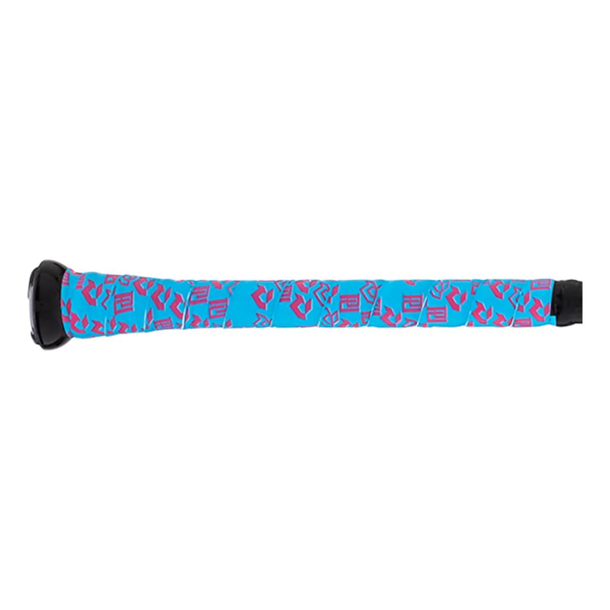 Side view of a blue baseball bat grip with pink repeating patterns and a black knob.