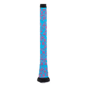 Full view of a blue baseball bat grip with repeating pink patterns, a black knob, and a black end cap.