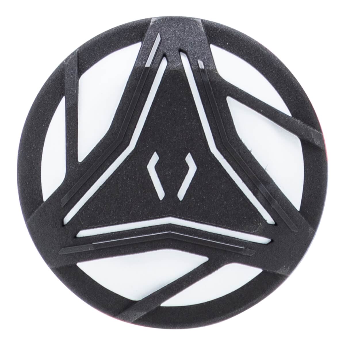 Top-down close-up of a black and white baseball bat end cap with a textured surface and central triangular design.