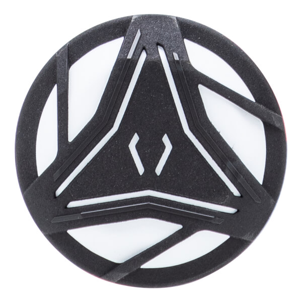 Top-down close-up of a black and white baseball bat end cap with a textured surface and central triangular design.
