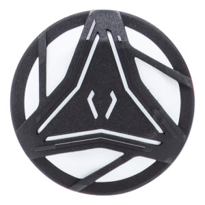 Top-down close-up of a black and white baseball bat end cap with a textured surface and central triangular design.