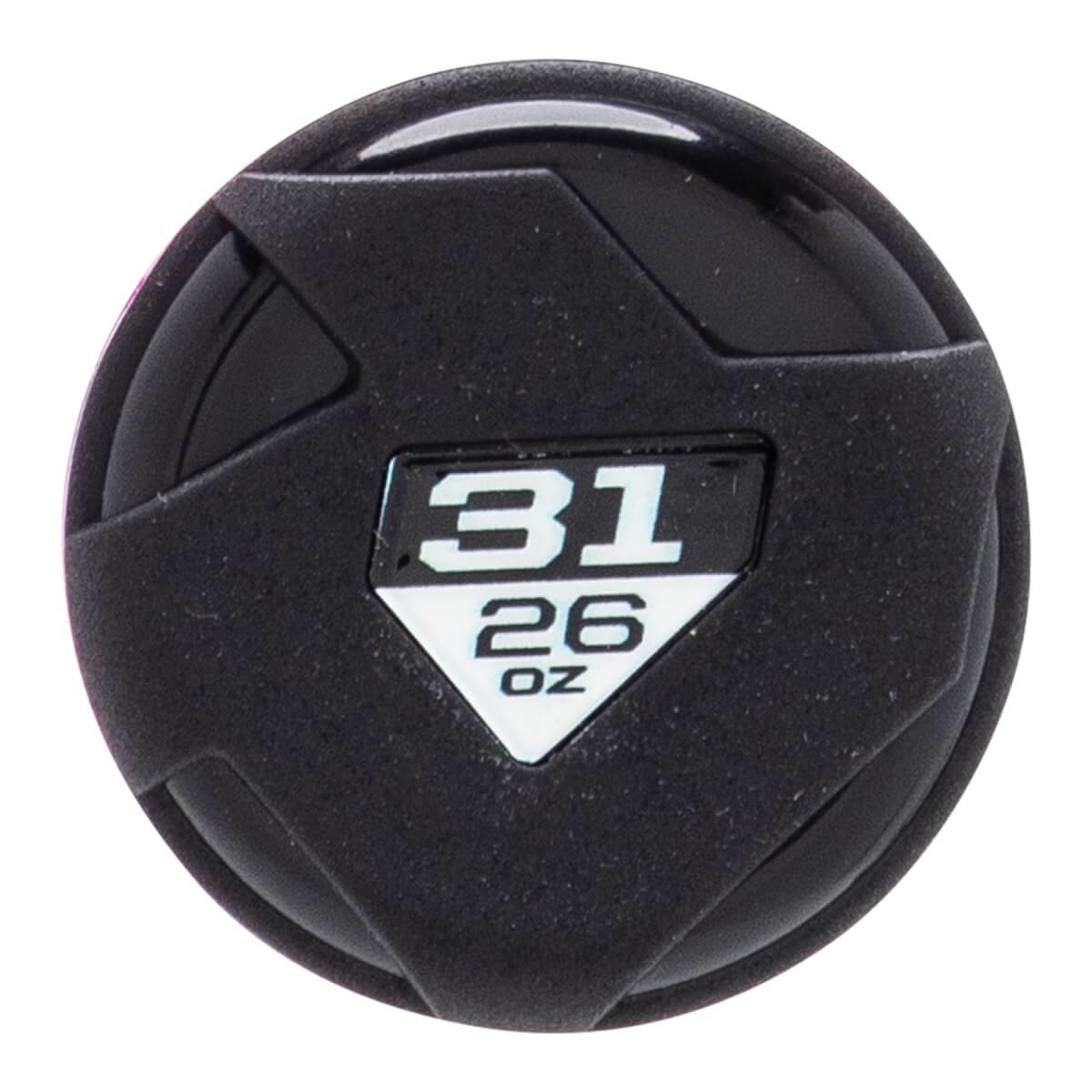 Top-down close-up of a black textured baseball bat end cap with white 31 26 OZ on a diamond label.