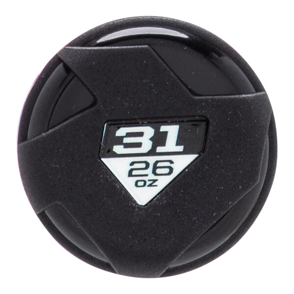 Top-down close-up of a black textured baseball bat end cap with white 31 26 OZ on a diamond label.