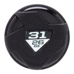 Top-down close-up of a black textured baseball bat end cap with white 31 26 OZ on a diamond label.