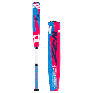 Side view of a hot pink and blue DeMarini baseball bat with ZEN text and geometric patterns.