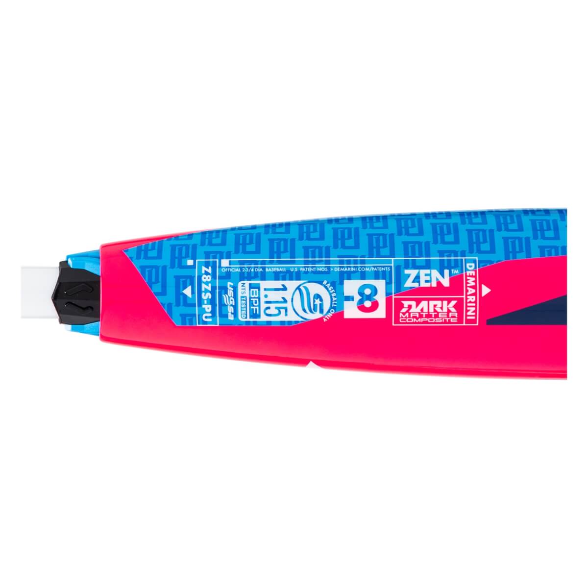 Close-up side view of a hot pink and blue baseball bat with ZEN, DEMARINI, and USSSA text, and a patterned blue section.