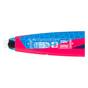 Close-up side view of a hot pink and blue baseball bat with ZEN, DEMARINI, and USSSA text, and a patterned blue section.