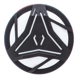 Top-down view of a black baseball bat end cap with a textured geometric pattern, white circular base, and central bracket shapes.