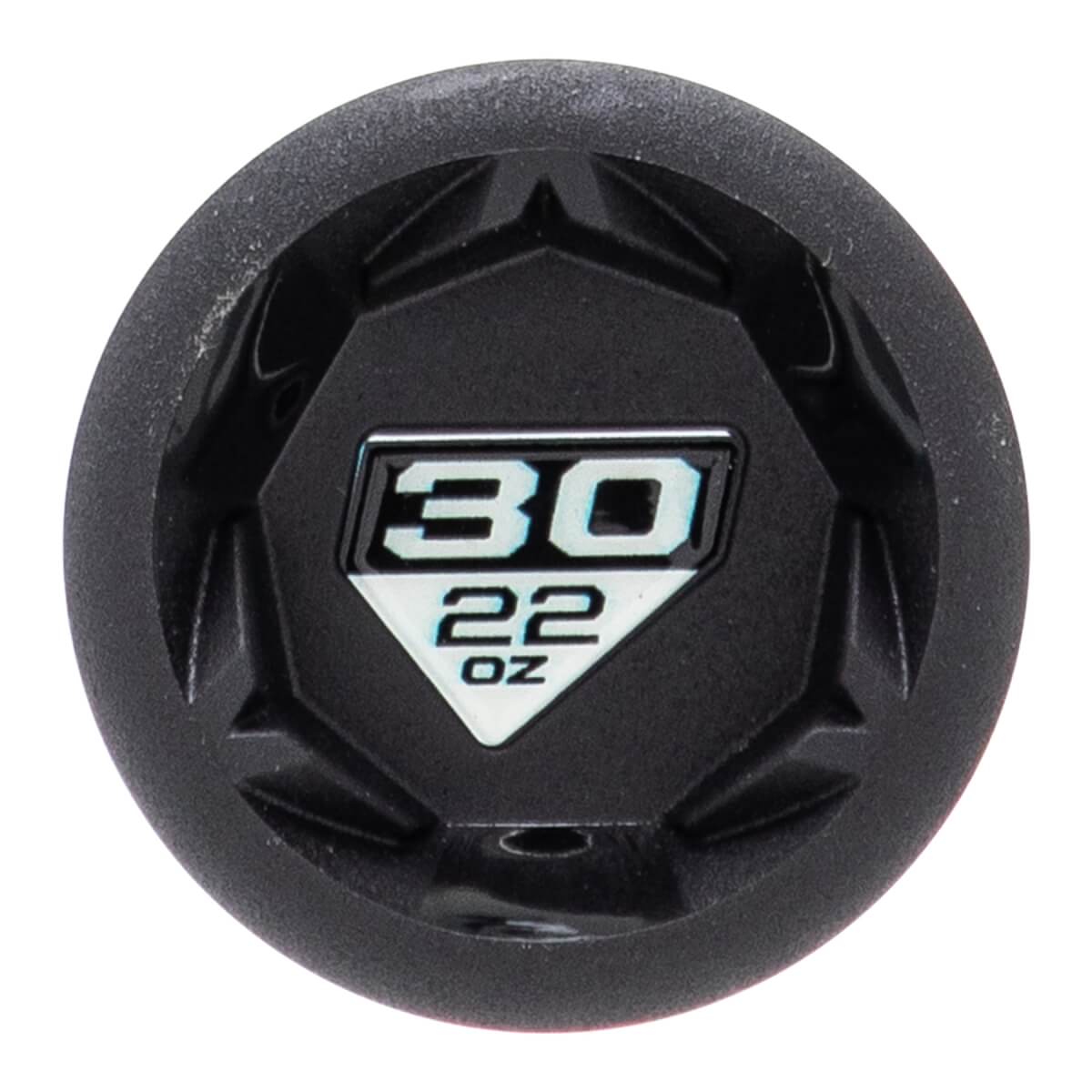Top-down view of a black baseball bat end cap with a hexagonal design and 30 22 OZ in a white emblem.