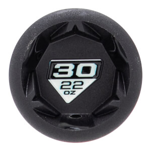 Top-down view of a black baseball bat end cap with a hexagonal design and 30 22 OZ in a white emblem.