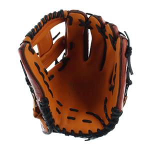 Interior view of a brown baseball glove with black lacing and a deep pocket.