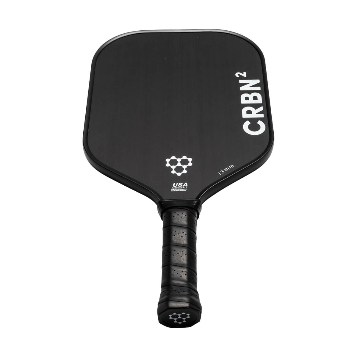 Front view of a black pickleball paddle with CRBN² branding, a honeycomb logo, and 13mm USA text.
