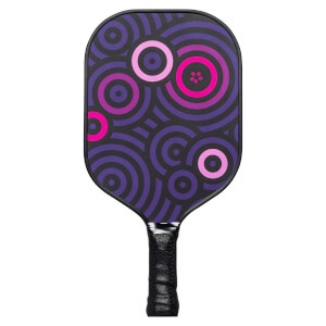 Front view of a purple pickleball paddle with a concentric circle pattern and black grip.