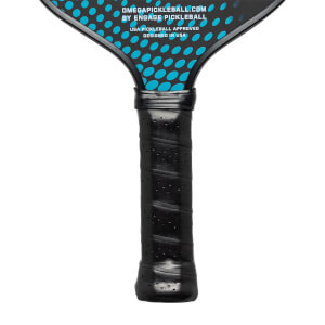 Top-down view of a black pickleball paddle with blue dots and text reading OMEGAPICKLEBALL.COM BY ENGAGE PICKLEBALL.