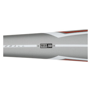 Close-up of a silver baseball bat with white and red stripes, and a BBCOR CERTIFIED .50 label.