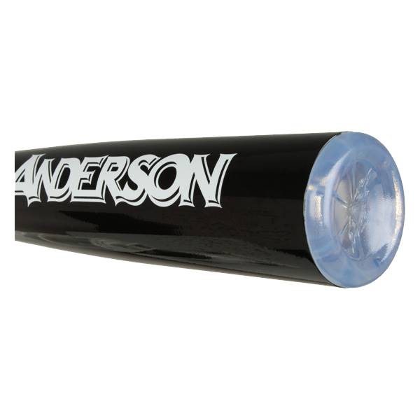 Side view of a black baseball bat with white ANDERSON logo and clear end cap.