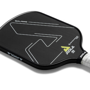 Top-down view of a black JOOLA Solaire CFS pickleball paddle with white geometric lines and JOOLA USA branding.