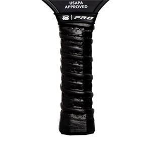 Close-up of a black pickleball paddle grip with B | PRO logo and USAPA APPROVED text.
