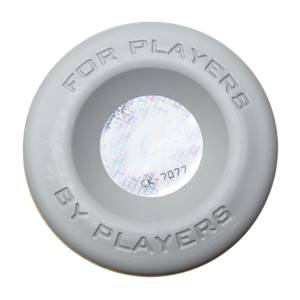 Top-down view of a gray baseball bat end cap with FOR PLAYERS BY PLAYERS text and a holographic sticker.