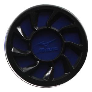 Top-down view of a black baseball bat end cap with blue Mizuno branding and a segmented design.