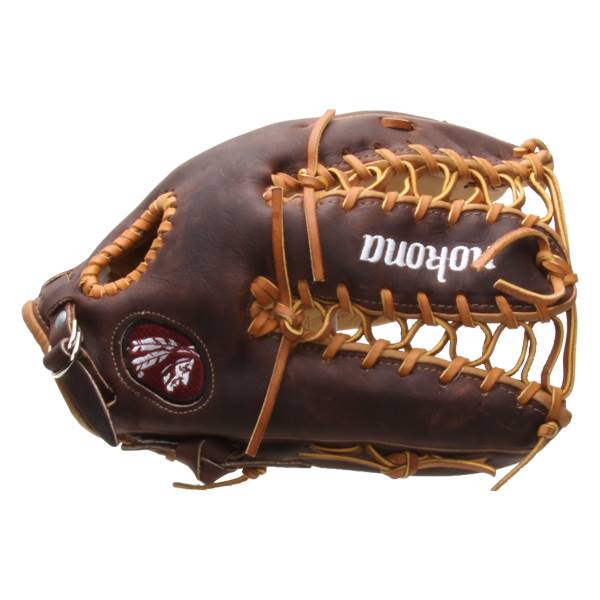 Side view of a brown baseball glove with tan lacing and a white Nokona logo.