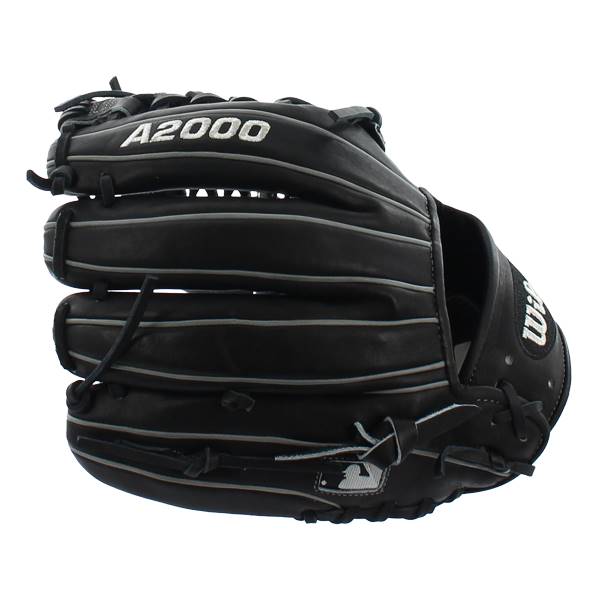 Side view of a black Wilson A2000 baseball glove with A2000 branding and white stitching.