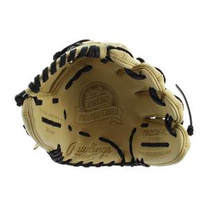 Front view of a tan baseball glove with black lacing, Rawlings Pro Preferred logo, and PROS205-9C text.